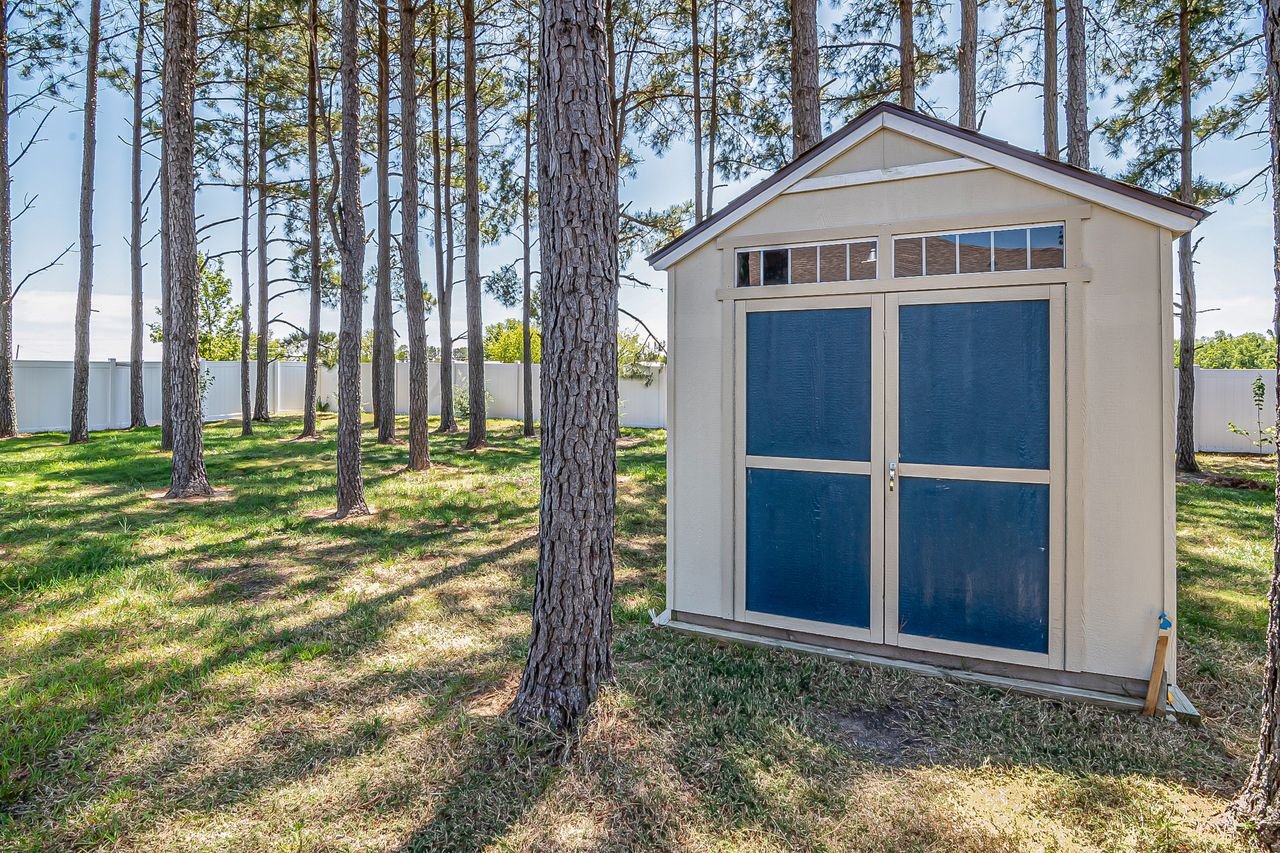 A quaint wooden shed stands amidst tall pine trees in a sunny forest glade, perfect for a weekend escape.